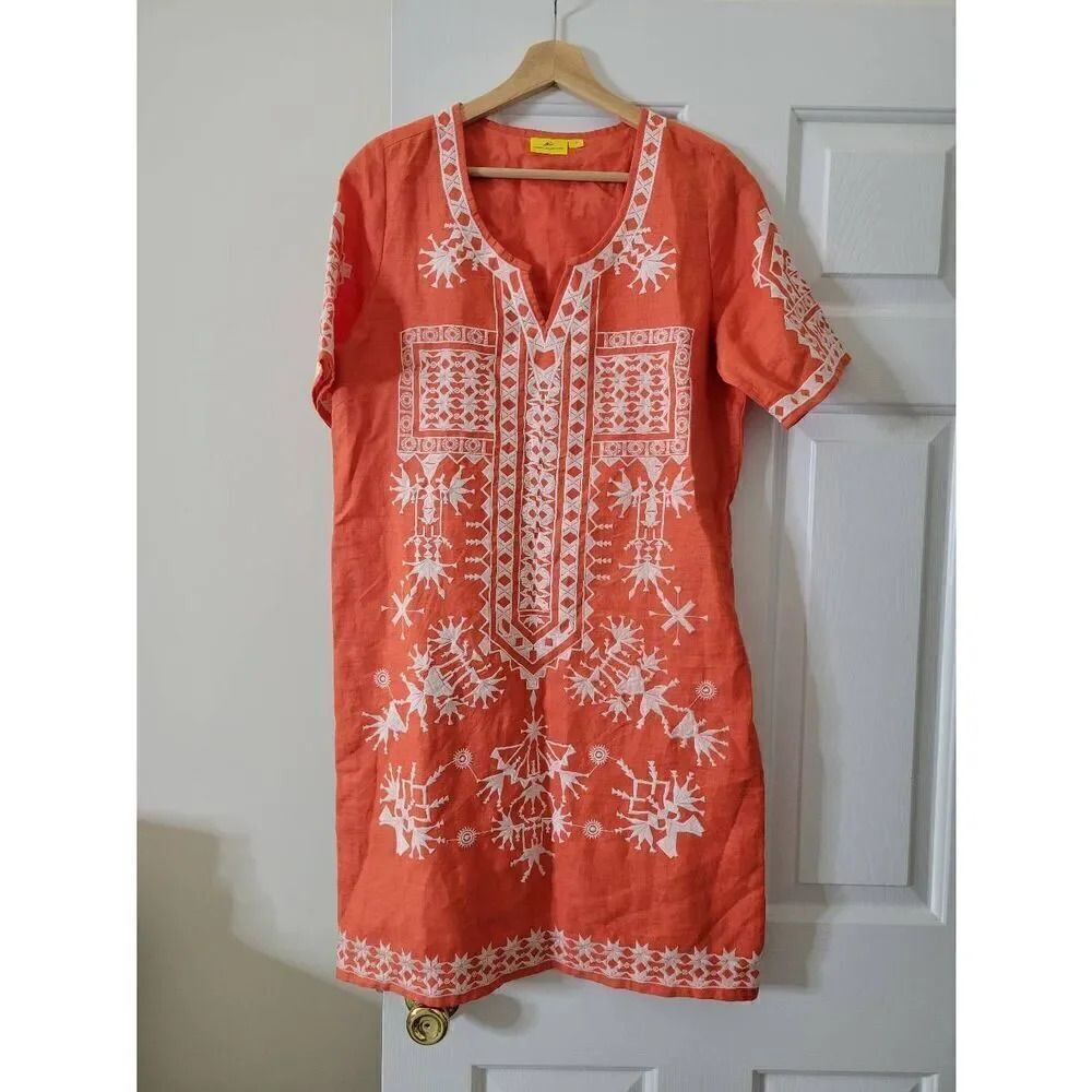 Roller rabbit embroidered linen orange dress S